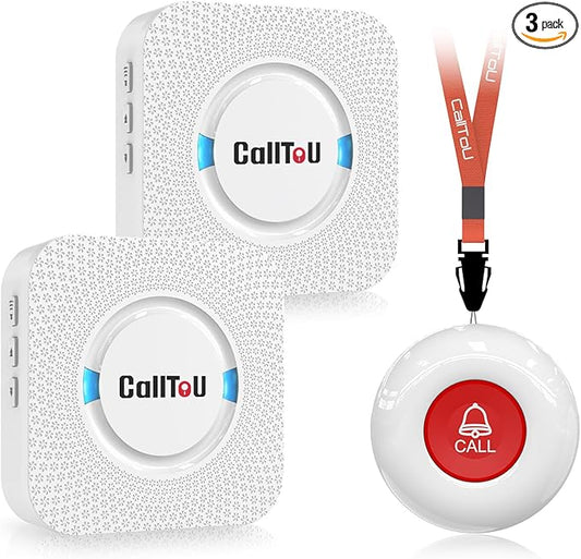 CallToU Caregiver Pager Wireless Call Button Nurse Alert System 500+ Feet for Home/Elderly/Patient/Disabled 06WS (2 Receiver 1 Round Button (3 Piece))