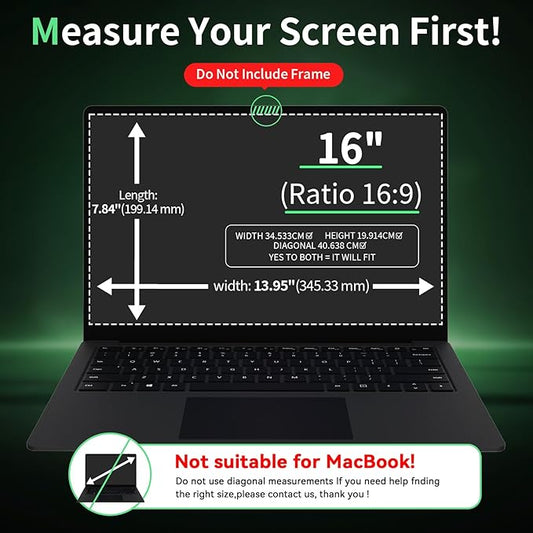Laptop Privacy Screen 16 Inch, Laptop Screen Privacy Shield 16:9 Aspect Ratio Anti-Glare Blue Light Computer Monitor Protector,Removable 16in Filter for Lenovo HP Dell Acer Asus Thinkpad Envy Xps