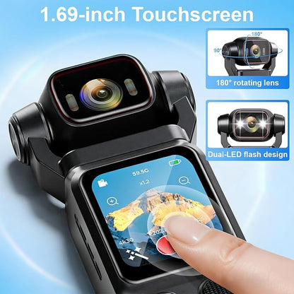 4K Vlogging Camera, Action Camera with Image Stabilization, Pocket Body Cam with APP Control, Handheld POV Cameras for Outdoor Sport, Travel(64GB Card)