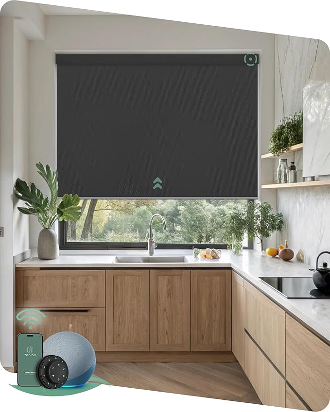 Yoolax Motorized Blinds with Remote, 100% Blackout Smart Blinds, Waterproof Motorized Shades Work with Alexa, Google, Apple Homekit, Custom Electric Shades Voice Control (Vinyl Dark Gray)