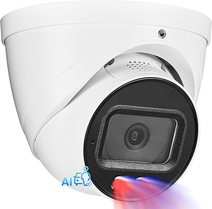 DahuaSecurity 4K 8MP PoE IP Camera, Strobe Red & Blue Light and Audio Alarm, Metal Turret Security Camera Outdoor, Two Way Audio, Color Night Vision, Human Vehicle Detection, 2.8mm Lens, IP67