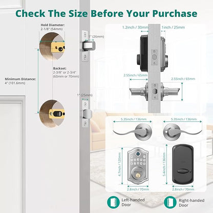 AkaGear DS10 Keyless Entry Door Lock with 2 Lever Handle, Fingerprint, Keypad Code, 2 Keys, Smart Locks for Front Door, Bedroom, One-time Code, Auto-Lock, Easy Installation - Satin Nickel