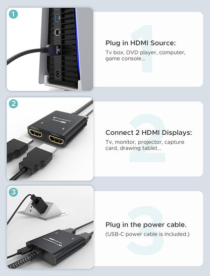 WARRKY HDMI Splitter 4K, 1x2 HDMI Display Duplicate/Mirror, HDMI Splitter 1 in 2 Out [Metal Shell, 3.3 Ft Braided HDMI Cable, LED Indicators], USB-C Powered Splitter, Black-4K@60Hz HDR