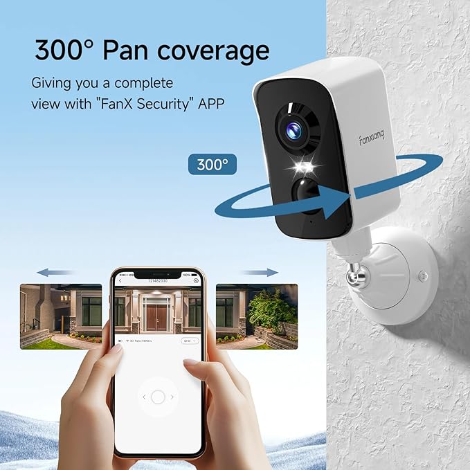 fanxiang 2K Wireless Security Camera Outdoor Rechargeable Battery Camera WiFi, 300° Pan Rotating, AI Motion Detection, PIR, Color Night Vision, Spotlight, Siren, Two-Way Talk, IP65, SD/Cloud Storage