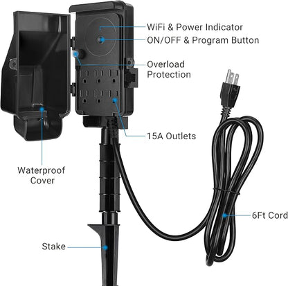 DEWENWILS WiFi Smart Yard Stake Timer Plug, Outdoor Power Stake Timer | 6 Outlets, 6FT Cord, Waterproof, Voice Control, Alexa&Google Assistant Compatible, 1875W/15A, for Patio, Halloween Decors