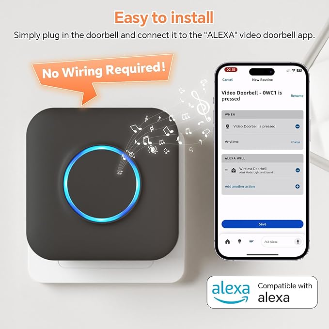 Smart WiFi Wireless Doorbell Chime for Google Nest, Ring, Blink – App-Connected with LED Light, No Wiring Required (1pack, Black)