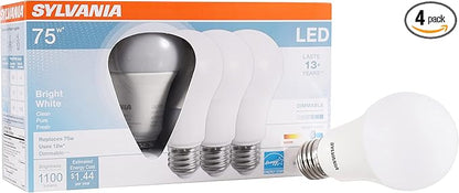Sylvania LED Light Bulb, 75W Equivalent A19, Efficient 12W, 13 Year, Dimmable, 1100 Lumens, Frosted Finish, Bright White - 4 Pack (74427)