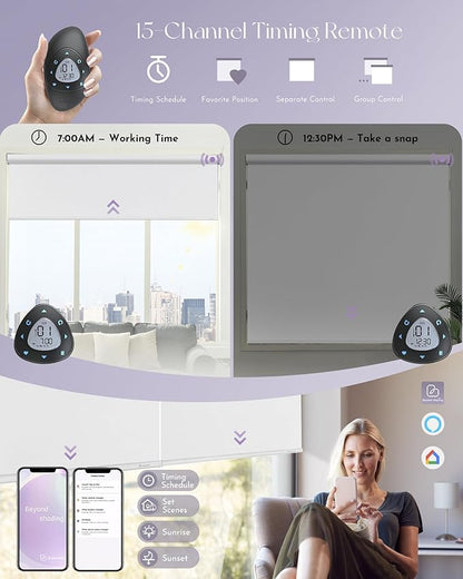 Graywind Motorized Roller Shades Work with Alexa Google Smart Blackout Shades with Remote Insulated Triple Weaved Fabric Window Blinds with Valance for Smart Home Office, Customized Size (White)