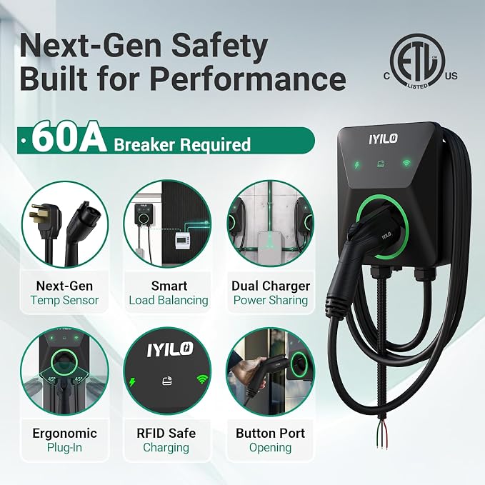 Level 2 EV Charger with Energy Meter, 48Amp/11.5KW, J1772 Wall Electric Car Charger with Dual Temp Sensors(Exclusive), Wi-Fi(2.4 GHz), RFID, Smart App, CT Clamps for Load Balancing, Black-Gray