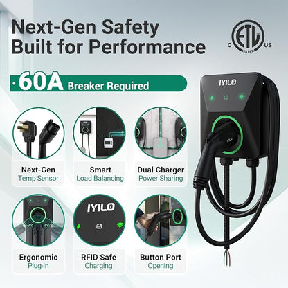 Level 2 EV Charger with Energy Meter, 48Amp/11.5KW, J1772 Wall Electric Car Charger with Dual Temp Sensors(Exclusive), Wi-Fi(2.4 GHz), RFID, Smart App, CT Clamps for Load Balancing, Black-Gray