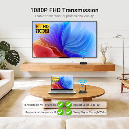 Wireless HDMI Transmitter and Receiver 4K Decoding 1080P 60HZ, 656 FT, HDMI Loop-Out, IR Extend, Dual Cooling Systems, 8 Channels, 1 TX to 3 RXS, Streaming from STB,PC,CCTV to TV,Projector,Monitor