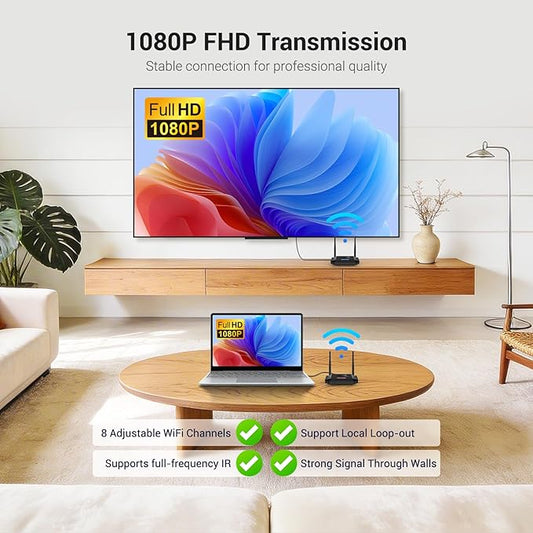 Wireless HDMI Transmitter and Receiver 4K Decoding 1080P 60HZ, 656 FT, HDMI Loop-Out, IR Extend, Dual Cooling Systems, 8 Channels, 1 TX to 3 RXS, Streaming from STB,PC,CCTV to TV,Projector,Monitor
