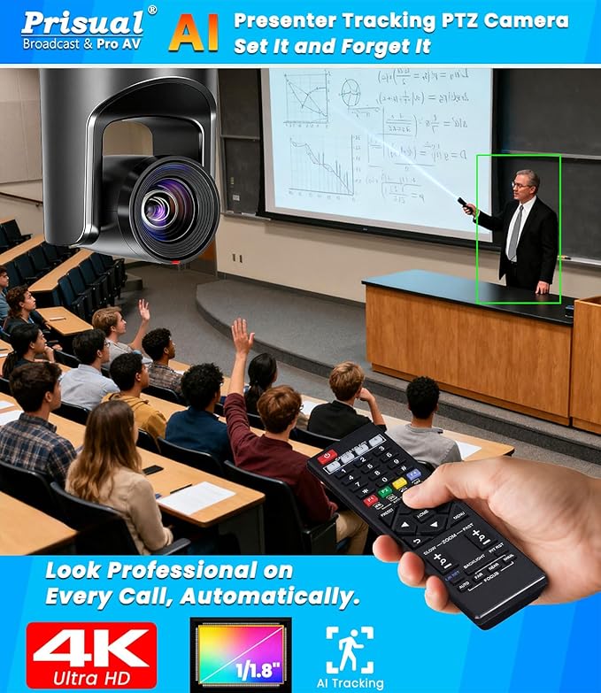 Prisual 4K HDMI/IP/USB PTZ Camera 20X, Advanced PTZ Auto Tracking Camera, 1/1.8”4K UHD 30P with Built-in Tally Light for Church Conference Events, PoE, PT20X-4K (NDI upgradable)