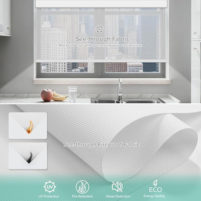 Motorized Roller Shades, Light Filtering Remote Control Custom Window Shades Compatible with Alexa Google Assistant via RF Hub, Rechargeable Electric Blinds for Windows (Fireproof White)