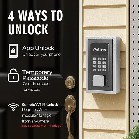 WeHere Key Lock Box Wall Mount, OTP/Fixed Password, APP Bluetooth/Wi-Fi, Spare Key Unlock, Porch Smart LockBox, Combination Keybox for Home, Realtors, Apartments, Garage, Store, Office