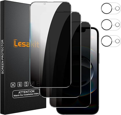 Lesakit 3+3 Pack Privacy Screen Protector for iPhone 16e 6.1-Inch with 3 Pack Camera Lens Protector, Anti Spy Tempered Glass Film 9H Hardness Bubble Free Case Friendly