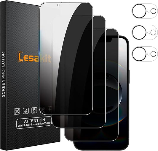 Lesakit 3+3 Pack Privacy Screen Protector for iPhone 16e 6.1-Inch with 3 Pack Camera Lens Protector, Anti Spy Tempered Glass Film 9H Hardness Bubble Free Case Friendly