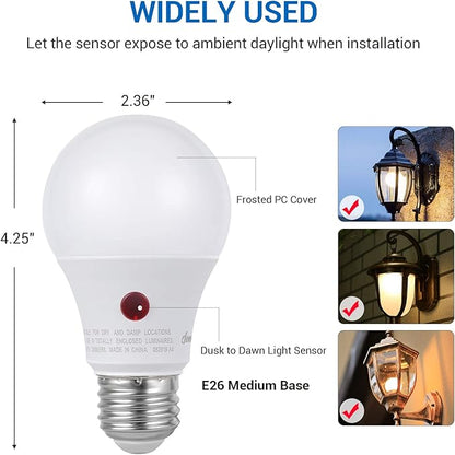 DEWENWILS 4 Pack A19 Dusk to Dawn LED Light Bulbs Outdoor, 9W (60W Equivalent) LED Light Bulb 2700K Warm White, Automatic On/Off Light Bulbs for Porch Courtyard, 800 LM, E26 Base, UL Listed