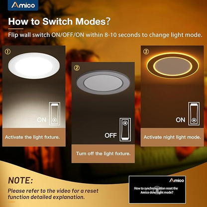 Amico 12 Pack 6 Inch 5CCT LED Recessed Ceiling Light with Double Ring Night Light, 2700-5000K Selectable Ultra-Thin Recessed Lighting, 12W=110W, 1100LM, Dimmable Canless Wafer Downlight, ETL, FCC