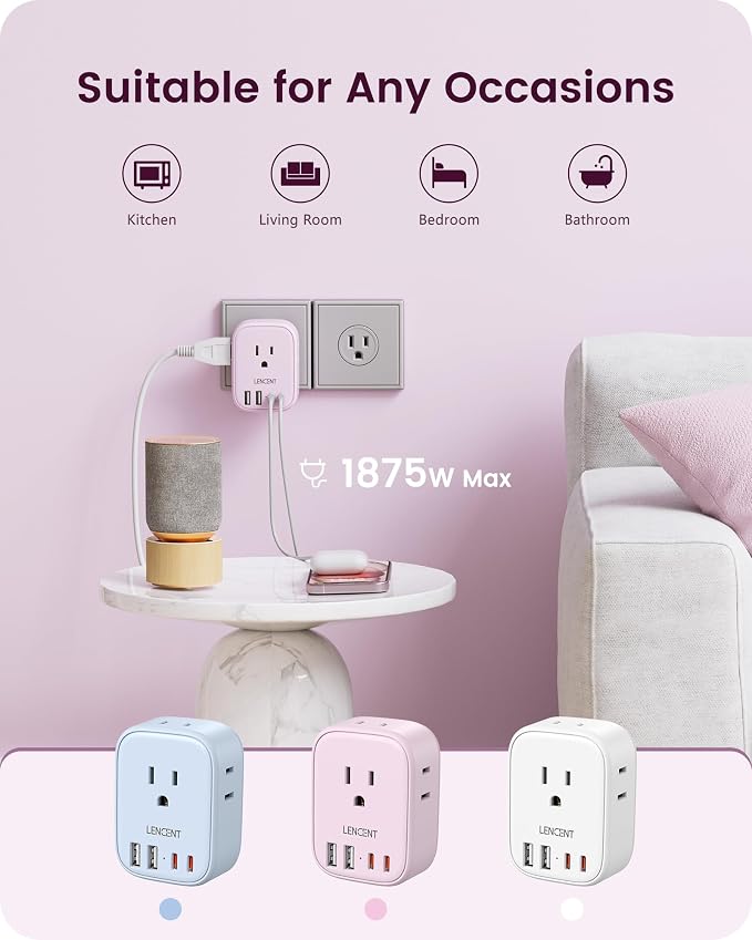 LENCENT Multi Plug Outlet Extender with USB C, Electrical Outlet Expander | with 4 AC & 4 USB Charger Cube, Small Multiple Wall Tap Plug Splitter for Home Office Travel Dorm Essentials - Pink