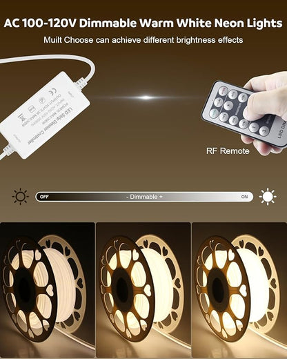 Aclorol 65.6FT AC 110V COB LED Strip Lights Outdoor Waterproof IP67 Dimmable LED Strip Light Warm White 3000K 5760 LEDs Flexible Rope Light with Remote Control for Outdoor Garden Commercial Building