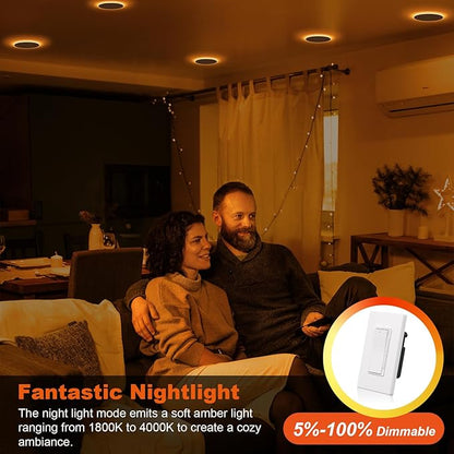 ZYC Recessed Lighting 6 Inch - 12W 1100LM LED Recessed Ceiling Light with Night Light,2700K/3000K/4000K/5000K/6000K Selectable Ultra-Thin Lighting,Dimmable Canless Wafer Downlight,Pack of 6（Bronze）.