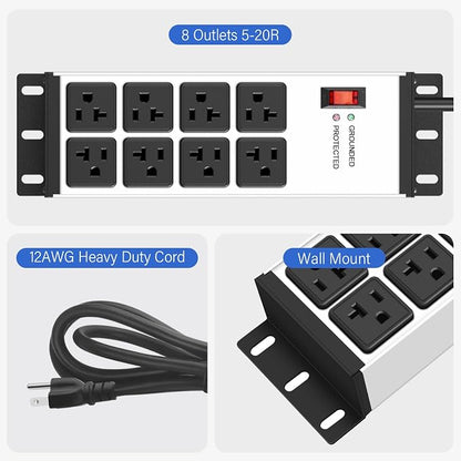 CCCEI 2PCS 12 Gauge Heavy Duty Power Strip, 8 Ports. Silver, 6FT.