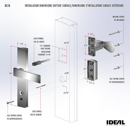 Ideal Security EL Keyed Lever Mount Latch with Deadbolt, Surface Mount Storm Door Handle Replacement, 2 Posts with Tie Down Screw, Satin Chrome