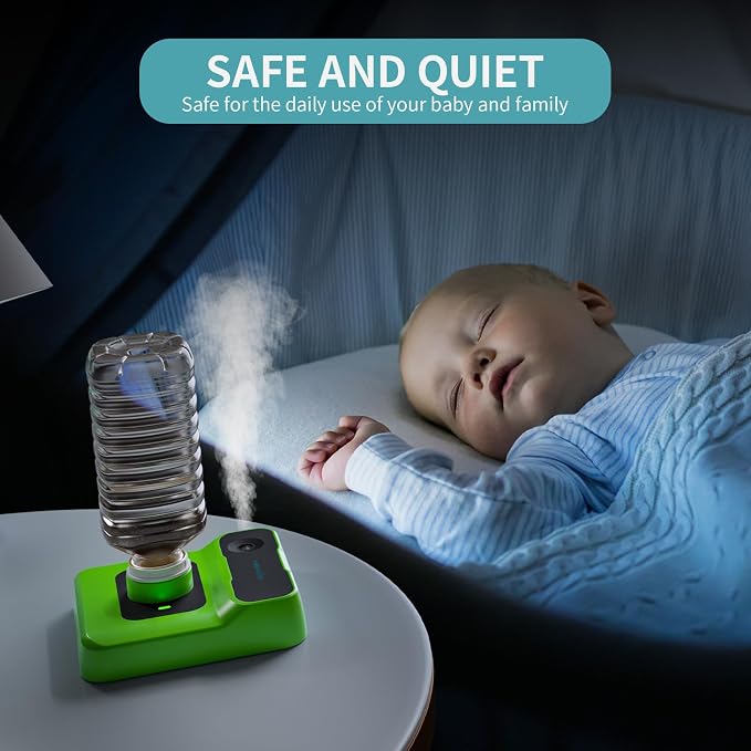 Travel Humidifier, Portable Humidifier for Plants, Bedroom, Office, Hotel or Car, Battery Operated Mini Cool Mist Humidifiers, Quiet 23dB, Auto-off, Night Light & BPA-Free, Grass-Green