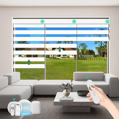 Motorized Zebra Blinds with Remote [Dual Layer + Light Filtering] 60% Blackout Smart Shades for Indoor Windows, Alexa Google and HomeKit Compatible, Customized Size, Woven Ivory