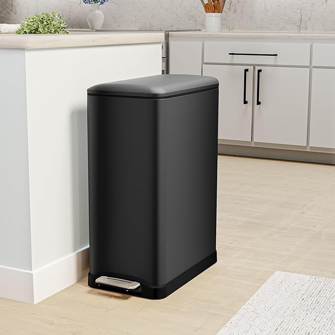 Home Zone Living 13 Gallon Slim Dual Compartment Kitchen Trash Can, Soft-Close Lid and Step Pedal, Stainless Steel, Matte Black