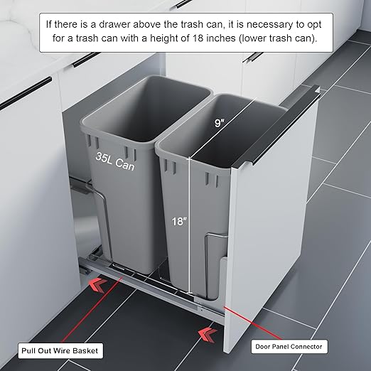 Dowell B18 Aluminum Base Wastebasket Pullout with Door Mount and Two 35Qt/9Gal Plastic Bins (4012 0218+35x2)