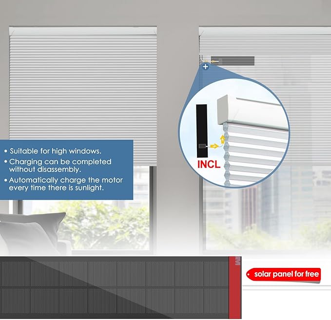 Motorized Cellular Shades with Remote Control, Blackout Electric Smart Blinds(Free Solar Panel) with Cordless, Windows Automatic Honeycomb Blinds, with Alexa Google, White, 36"× 64"