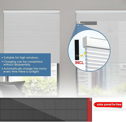 Motorized Cellular Shades with Remote Control, Blackout Electric Smart Blinds(Free Solar Panel) with Cordless, Windows Automatic Honeycomb Blinds, with Alexa Google, White, 36"× 64"