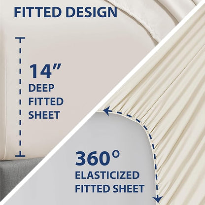 Swift Home Smart Sheets, Ultra Soft Brushed Microfiber 4-Piece Sheet Set, Fitted Bed Sheet with Side Storage Pockets – Coconut Milk, Queen