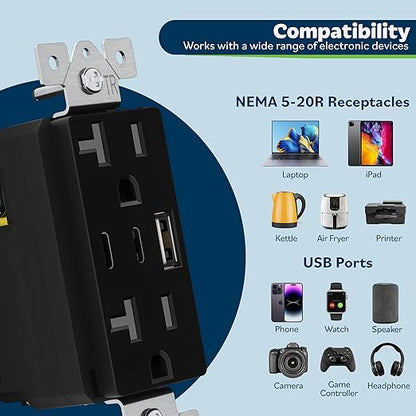 TOPGREENER 4.2A 21W 3-Port Type C USB Outlet, 20 Amp Receptacle Plug, Charging Power Outlet with Dual Type C&A Ports, Screwless Wall Plate Included, UL Listed, TU22042AC2-BKSID, Black, 6Pack