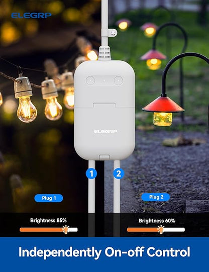 ELEGRP Outdoor Smart Dimmer Plug Waterproof IP66, Smart WiFi Plug with 2 Individually Sockets, Compatible with Alexa & Google Assistant, Outdoor Dimmer for String Lights, UL Listed, 1 Pack, Grey