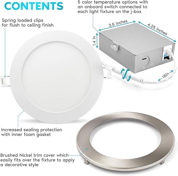 LUXRITE 6 Inch Ultra Thin LED Recessed Light with J-Box, 12W, 5 Color Options 2700K | 3000K | 3500K | 4000K | 5000K, Dimmable Wafer Light, 1000 Lumens, Brushed Nickel, Energy Star, IC Rated (4 Pack)