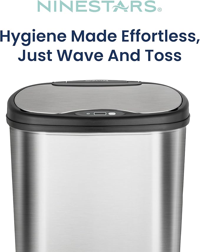 Ninestars 13 Gallon Oval Automatic Trash Can, 50L Touchless Motion Sensor Garbage Can with Odor-Sealing Lid & One-Touch Manual Mode, Silver Stainless Steel, Black Trim
