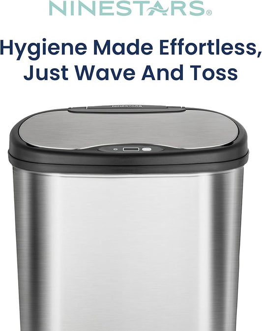Ninestars 13 Gallon Oval Automatic Trash Can, 50L Touchless Motion Sensor Garbage Can with Odor-Sealing Lid & One-Touch Manual Mode, Silver Stainless Steel, Black Trim