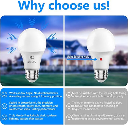 DAYBETTER 4 Pack A19 Dusk to Dawn Light Bulbs Outdoor, Auto On/Off Photocell Sensor LED Light Bulb for Porch & Security Lighting, 60W Equivalent, Energy Efficient 9W, Daylight 5000K, E26 Base