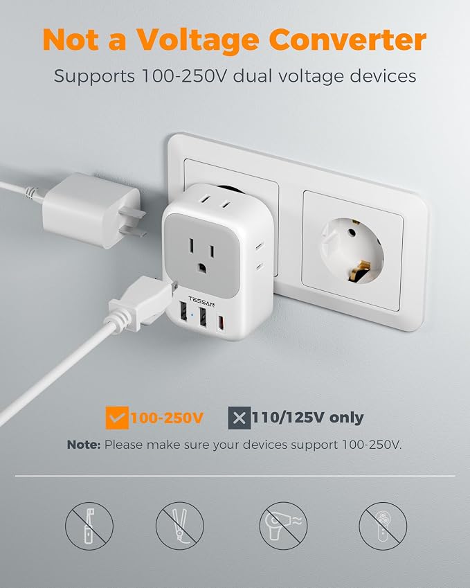TESSAN European Travel Plug Adapter 2 Pack, Type C Plug