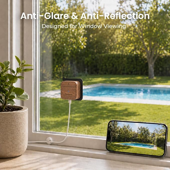 2K Window Camera for Indoor & Outdoor Home Security,Color Night Vision,Anti-Glare,24/7 Recording,Free 3-Day Cloud Storage,Dual-Band WiFi,AI Human Detection,Magnetic Mount,Walnut Wood Design