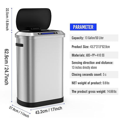 pouseayar Smart Automatic Trash Can with Lid 13 Gallon, Stainless Steel Thickened Body & Super Mute Sensor Lid with 30 Count Garbage Bags for Kitchen Office Bedroom Waste Bin and More - Silver