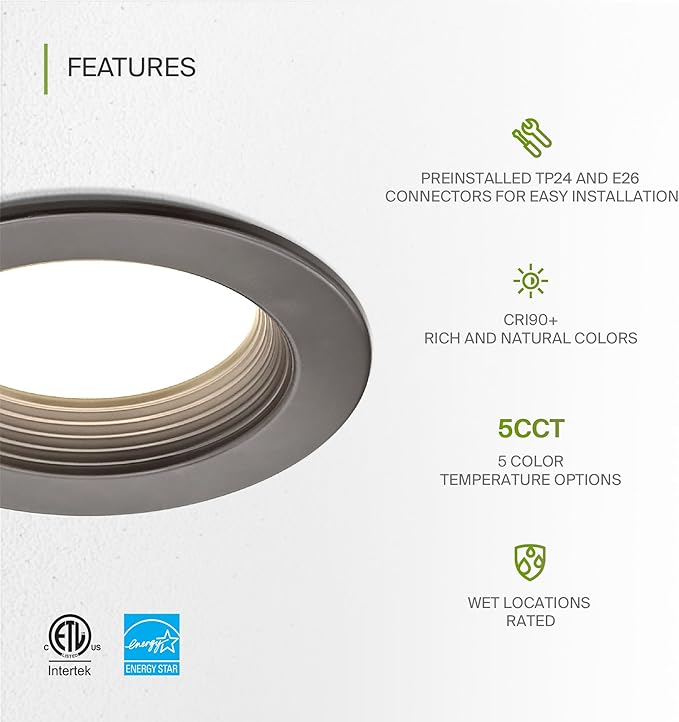 ASD Bronze 4 Inch Retrofit LED Recessed Light - 10W 2700K-5000K 849LM Retrofit LED Recessed Lighting 4 Inch, Dimmable Bronze Recessed Lights, Wet Rated Baffle Trim Can Lights, ETL, Energy Star