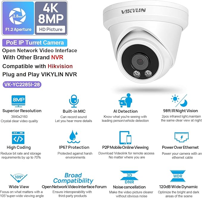 VIKYLIN 4K 8MP IP PoE Camera, Outdoor PoE Security Camera with Motion Detection 2.0, Tripwire, Area Detection, Face Detection, Built in Mic, Starlight 98ft IR Night Vision, N Series Upgrade