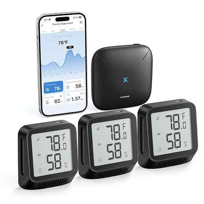 X-Sense WiFi Thermometer Indoor Hygrometer, Digital Temperature Sensor with App Notification Alerts, Temperature Humidity for Room, Data Storage Export at No Charge, 3 Sensors & 1 Base Station, Black | LCD Digital Sensors Track Temp and Humidity with A...