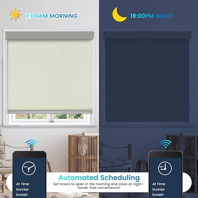 Motorized 100% Blackout Roller Shade – Custom Smart Blinds with Remote, Rechargeable Battery or Plug-in Motor, Tuya WiFi Optional, Home & Office Automatic Window Shades (Medium Champagne/CH9441)