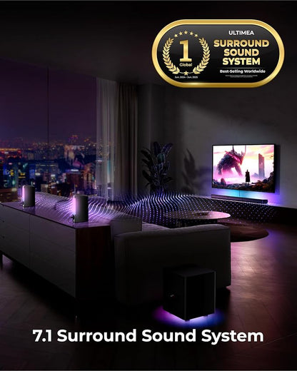ULTIMEA 7.1ch Virtual Surround Sound Bar, Sound Bar for Smart TV with 2 Surround Speakers, Surround Sound System for TV with RGB, 6.5" Subwoofer, Peak Power 410W, App, HDMI/OPT/AUX/BT Apollo S70 Ultra