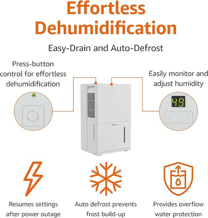Amazon Basics 35-Pint Large Dehumidifier for Home, Humidity Control, Auto-Defrost, Timer, Overflow Protection, for Rooms up to 2500 SFT, White